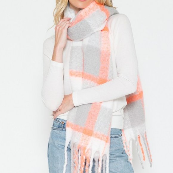 Gray, Orange & Ivory Plaid Scarf with Whimsical Fringe - Picture 3 of 8